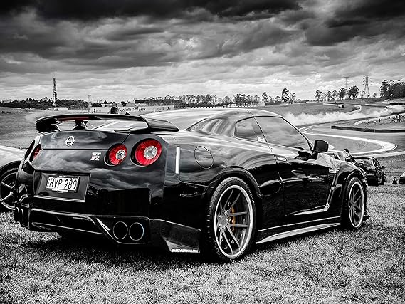 Gryposaurus Nissan Skyline GT-R R35 Black and White Car Auto Poster 18 24 Inches