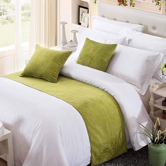 OSVINO Chenille Bed Runner Solid Breathable Modern Bedding Scarf Protection for Bedroom Hotel, Green, 210X50cm for 150cm Bed
