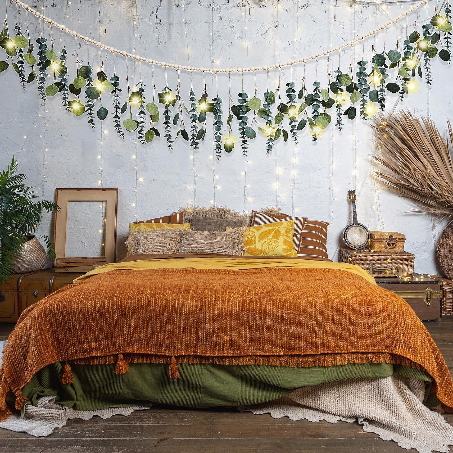 Juexica Artificial Eucalyptus Fall Wall Decor Boho Hanging with LED Light Farmhouse Artificial Greenery Modern Decor with LED for Fall Home Bedroom Office Bathroom Kitchen