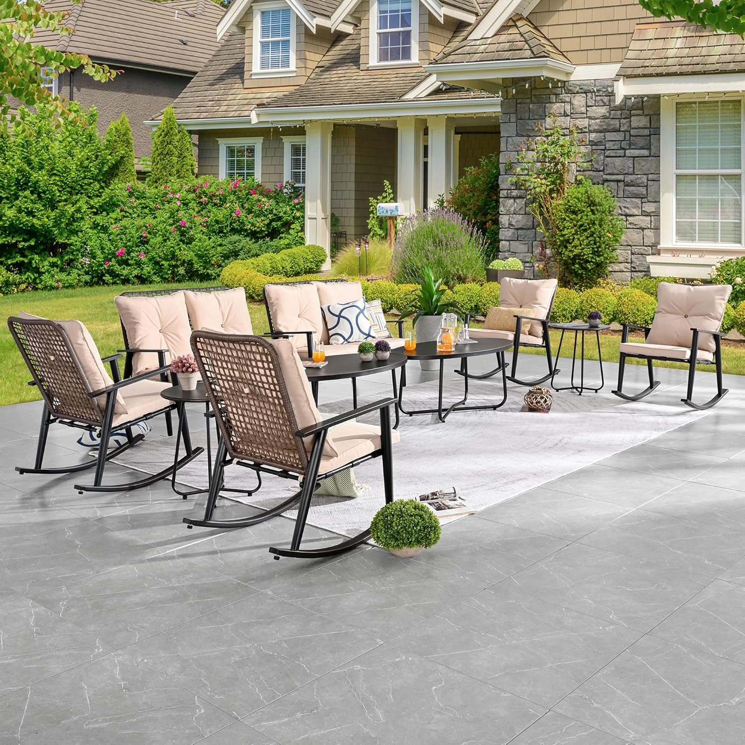 PatioFestival 10 Pcs Patio Conversation Set Outdoor Furniture Rocking Chairs Sets with Breathable Wicker Back Khaki