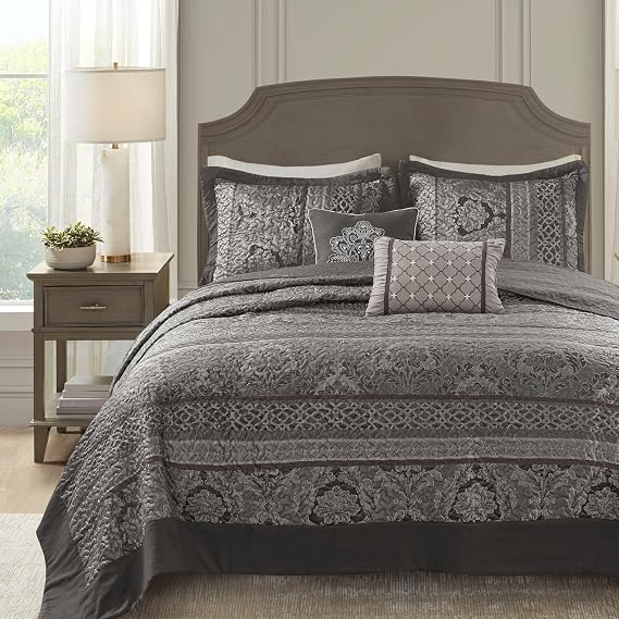 Madison Park King Quilt Bedding Set, Traditional Jacquard Damask, 5PC