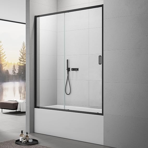 Sunrosa Framed Tub Shower Door,Single Sliding, Matte Black, 59 x 60 in