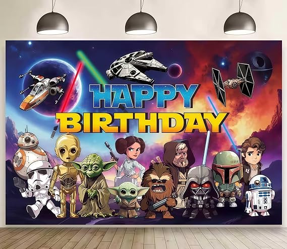 Star Themed Wars Birthday Party Decorations, Cartoon Happy Birthday Banner Backdrop for Birthday Party Supplies