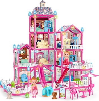 OCTERIC Doll House for Girls,10 Rooms Pink Doll House with 2 Dolls, Lights, Puppies,Furnitures, Accessories, Toddler Playhouse Gift for for 3 4 5 6 7 8 9 10 Year Old Girls Toys