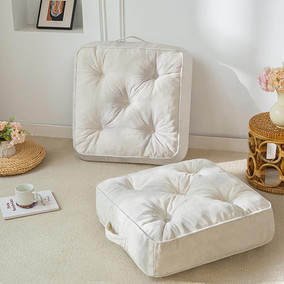HIGOGOGO 6" Extra Thick Floor Pillow Cushion for Adults, Meditation Cushion Pillow with Handle, Lustrous Chenille Tufted, Square Floor Sitting for Tatami Living Room or Yoga, 22x22 Inch, 2Pack, Beige