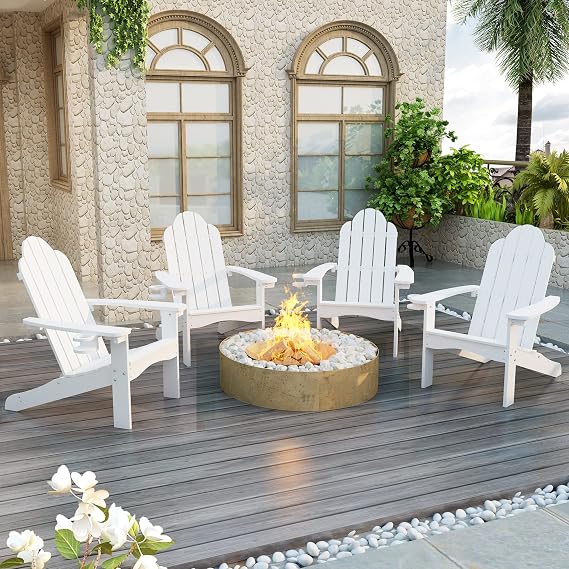 LUE BONA HDPS Outdoor Adirondack Chair, Cup Holder, Set of 4, White