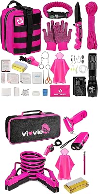 Emergency Survival Kit and First Aid Kit,Pink Car Emergency Kit with Jumper Cables Professional Survival Gear and Equipment for Teen Girls and Womens Gifts