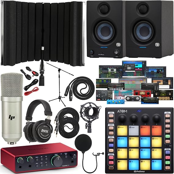 Focusrite Scarlett 2i2 4th Gen USB-C Audio Interface Full Studio Bundle with Eris 3.5 Monitors ATOM Pad Controller Condenser Microphone Headphones Isolation Shield Boom Stand Pop Filter and Cables