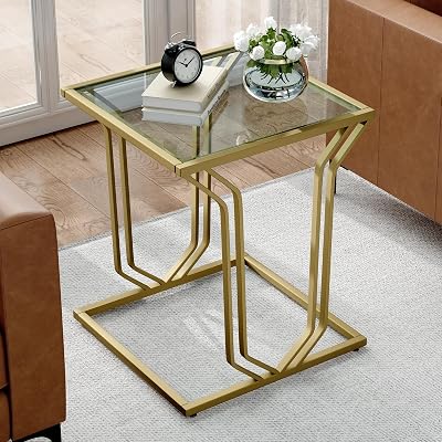 ASYA Gold Side Table, Modern End Table with Square Base, Luxury Nightstand with Tempered Glass for Living Room, Bedroom
