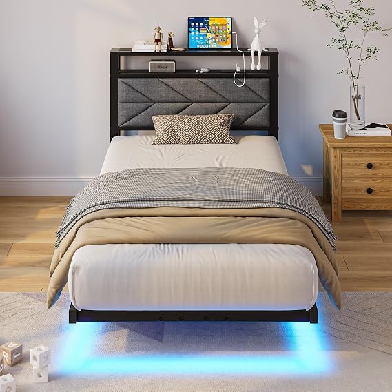 3ft Floating Single Bed Frame Upholstered Platform Bed with Storage Shelf Headboard,Charging Station/LED Lights,Metal Slat Support/Noise Free,No Box Spring Needed,90x190 Single Size,Black