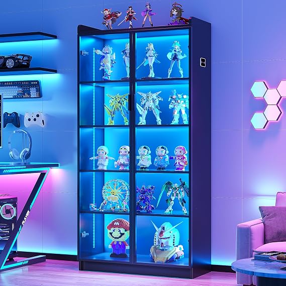 Lvifur 5 Tier Display Cabinet with LED Lights & Human Body Induction, Black | Adjustable Shelves; 3 Dimmable Lights & Brightness; Durable Material; Gift Idea; Ample Storage Space; Easy Assembly