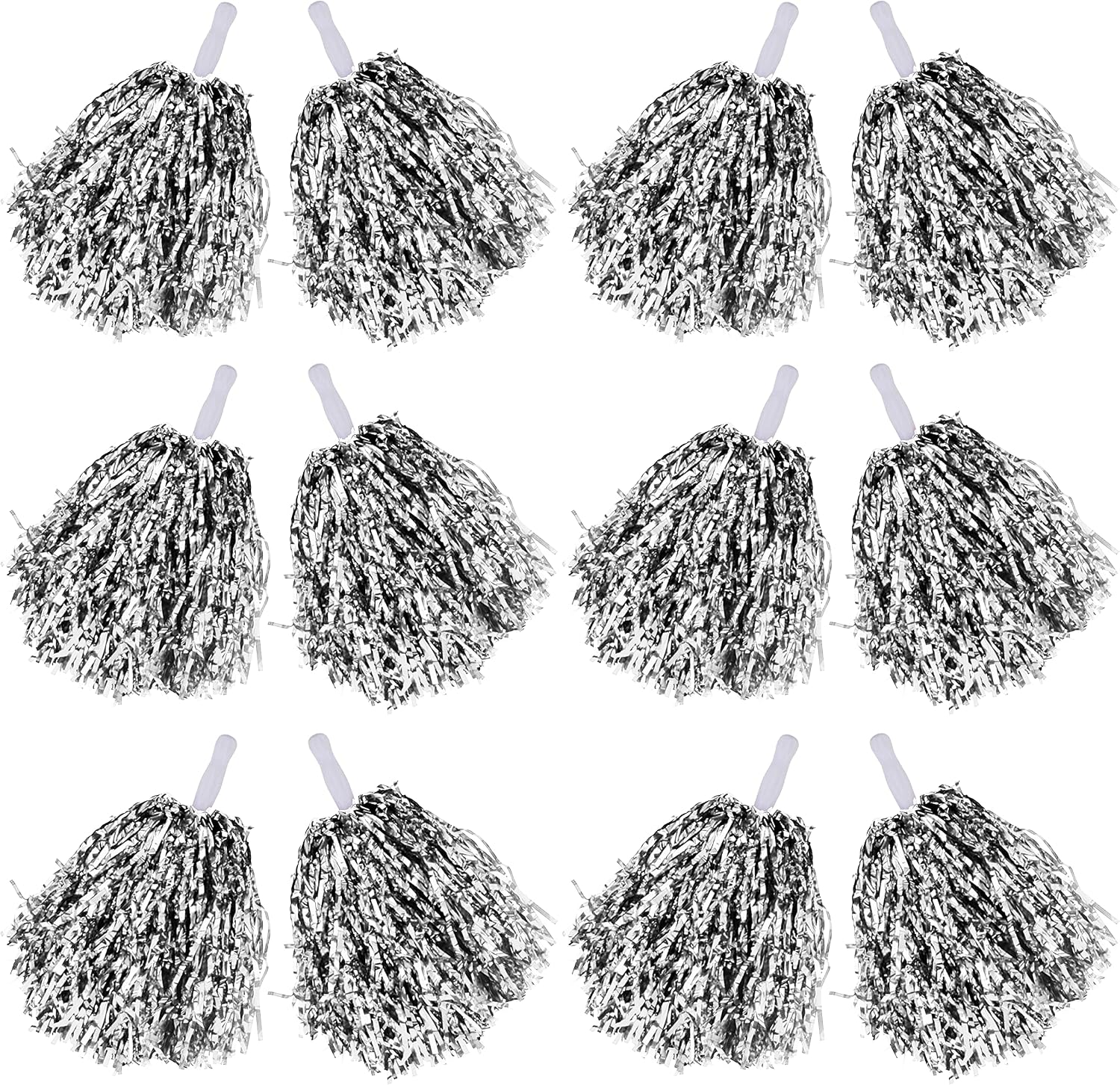 Comicfs 12 Pcs Cheerleading Pom Poms Cheer Pom Poms Fun Pom Poms Metallic Foil Pom Poms Cheerleading Poms with Plastic Handles for Cheering Squad Team Spirited Sports Dance Kids Metallic Foil-Silver