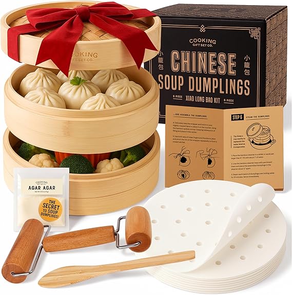 Cooking Gift Set Co. Bamboo Steamer Basket Soup Dumpling Kit - 2 Tier Dumpling Steamer for Cooking with Agar Agar, Roller, Spoon, Liners, Recipes & Step-by-Step Video (6-Piece Set)