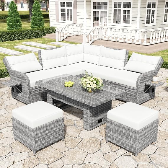 KLMM Outdoor Patio Rattan Furniture Set with an Adjustable Table, Recliners with Extendable Side Tables and Two Ottomans,for Porch Lawn Garden Backyard Poolside (Beige#k)