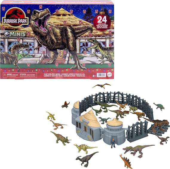 Mattel Jurassic World Advent Calendar, 24 Days of Toy Surprises, 19 Mini Dinosaurs, 1 Human, 4 Scene Pieces, Jurassic Park Island Visitor
