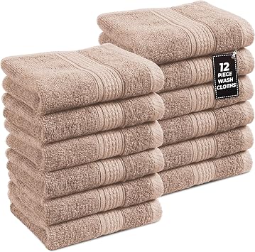 LANE LINEN Washcloths Set - 12 Soft Cotton Washcloths for Bathroom - 13x13 inches - Well Stitched Edges, Softer, Highly Durable, True to Color & Fade Resistant - Ideal Wash Cloths for Body - Taupe
