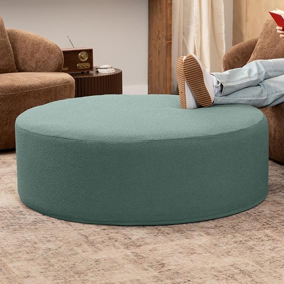 Jaxx Candler Round Couch Ottoman Oversized Giant Coffee Table Ottoman - Versatile Firm Foam Construction - Kid Safe with Removable Cover, 44, Luxe Boucle, Boucle Green