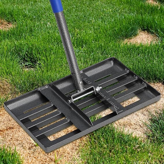 Lawn Leveling Rake, 17" x 10" Levelawn Tool with Effort Saving Curved Edge, 5 FT Metal Lawn Leveler Heavy Duty, Move Soil Ground Surfaces Freely, Length Adjustable Garden Rakes for Yard Golf Course