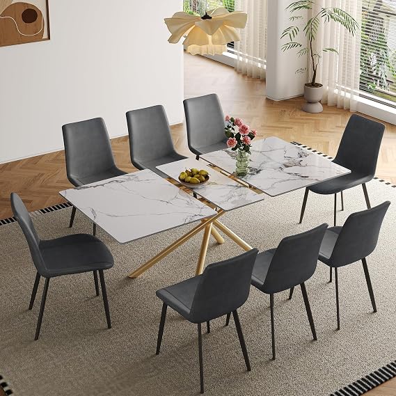 59" Modern Expandable Dining Table for 6-8, Expanding Kitchen Table with 8 PU Leather Grey Chairs and Sintered Stone Top, Space-Saving, White Gold X-Shaped Tables