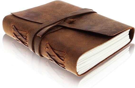 moonster Leather Journal Writing Notebook, Vintage Handmade Bound Notepad for Men & Women - Write in Plain Thick Paper 8x6 Inch Large Blank Pages, Drawing Sketchbook Travel Diary, Unlined Note Book