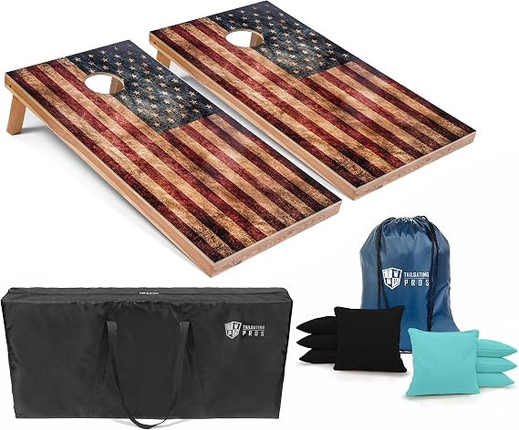 Tailgating Pros Rustic American Flag Cornhole Boards w/Bean Bags - 4'x2' Distressed Flag Cornhole Game w/Multicolored LED Ring, Carrying Case & Corn Hole Bags