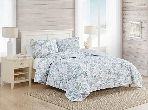 Tommy Bahama - Twin Quilt Set, Reversible Cotton Bedding with Matching Sham, Pre-Washed for Added Softness, Dorm Essentials(Beach Bliss Grey)