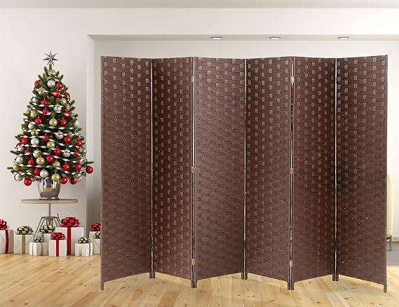 6 Panel Room Divider Handwork Wood Mesh Woven Room Dividers and Folding Privacy Screens with Double Sides Weaved, Foldable Portable Room Partitions and Dividers for Bedroom,Office,HomeBrown
