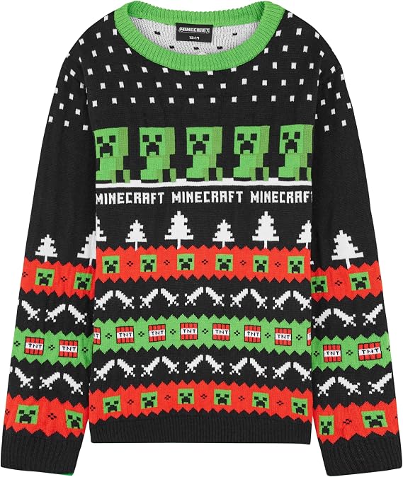Minecraft Ugly Christmas Sweater Kids, Long Sleeve Crew Neck Creeper Christmas Sweatshirt Pullover Gamer Gifts for Boys Teens