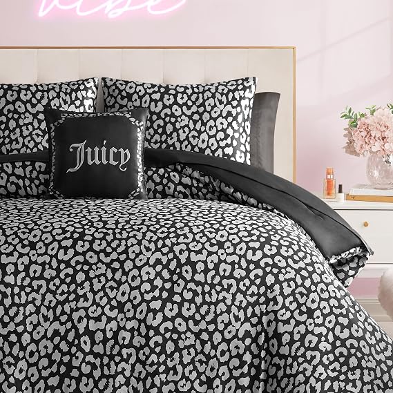Juicy Couture Modern Black Leopard Satin Twin Comforter Set - Luxury Bed in a Bag Soft & Stylish 6-Piece Bedding Collection