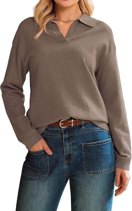 Arach&Cloz Women's Collared V Neck Eyelet Knit Fall Cotton Polo Sweaters