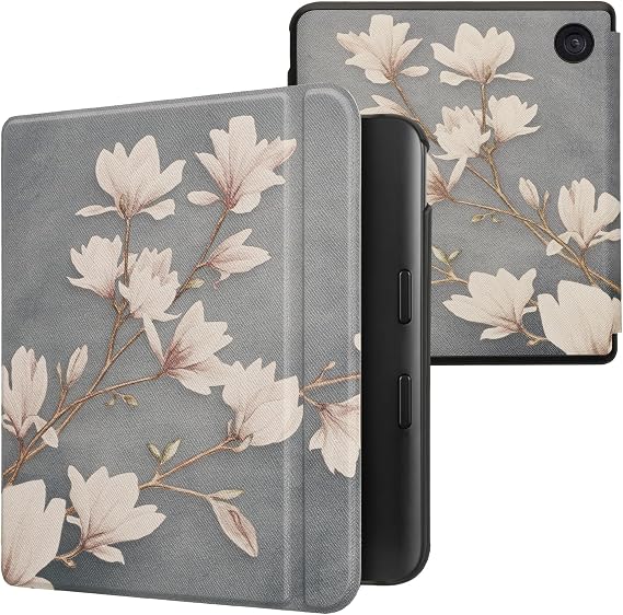 kwmobile Cover for Kobo Libra Colour Case - eReader Cover with auto sleep funktion - Magnolias with Taupe/White/Blue Grey