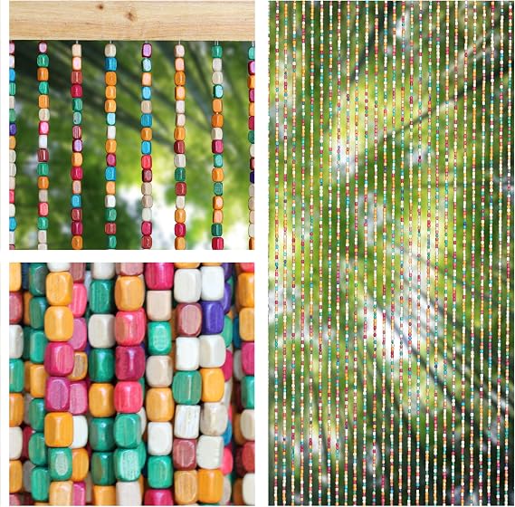Bamboo Beaded Curtain for Doorways Handmade Door Beads Boho Beaded Room Doorway Curtain Natural Wood Divider for Closet Entrance Window Decor (Rainbow, 90190cm/3575in)