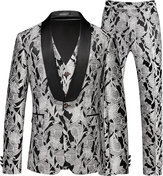 MOGU Mens 3 Piece Floral Suit Jacquard Dress Tuxedo Suit Set for Wedding Prom Jacket Vest Pants with Bow Tie