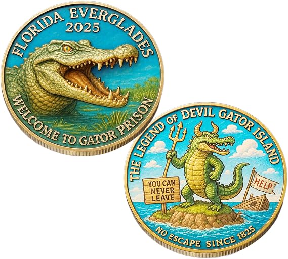 Alligator Alcatraz Coin Funny Gator Prison Collectible from Devil Gator Island 2025 Florida Everglades Souvenir Challenge Coin Swamp Humor Gift for Florida Folklore Fans(1PCS) (1 PCS)