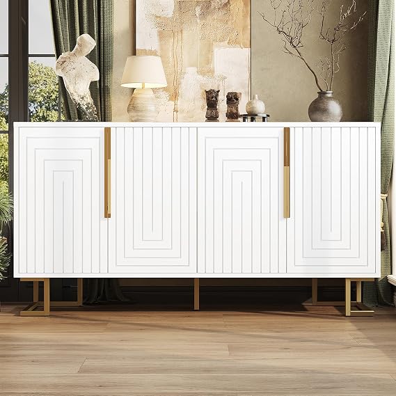 White Sideboard Cabinet with Storage, Modern Buffet Cabinet with Doors & Shelves, Geometric Design with Gold Handles & Legs, Space-saving Sideboard for Living Room, Dining Room
