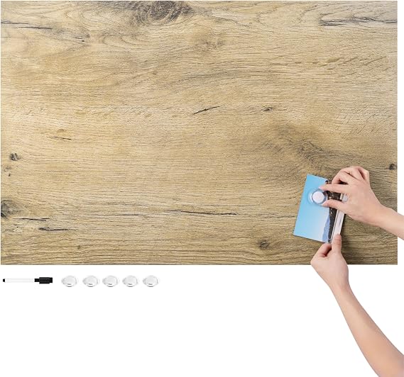 Navaris Frameless Magnetic Memo Board - Easy Installation - Kitchen Magnet Dry Erase Whiteboard - Notice Boards for Wall Use - 36 x 24 Inches - Dark Wood Design with Magnets & Pen