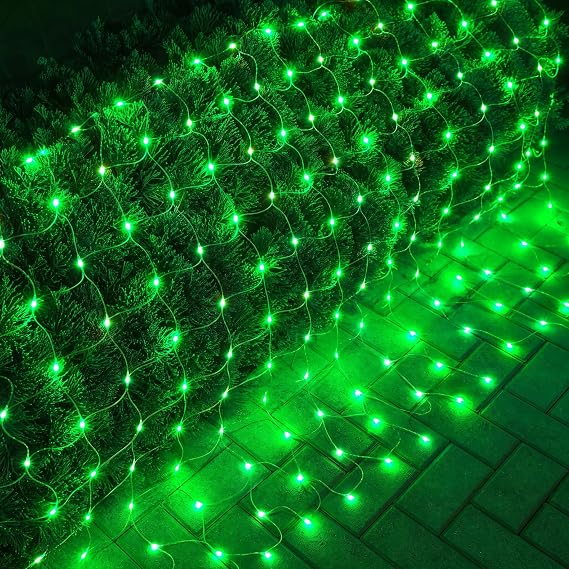 Dazzle Bright St. Patrick's Day 200 LED Net Lights, 9.8 FT x 6.6 FT Connectable Mesh Lights Clear Wire with 8 Lighting Modes, Christmas Decorations for Indoor Outdoor Bush Yard Garden Decor (Green)