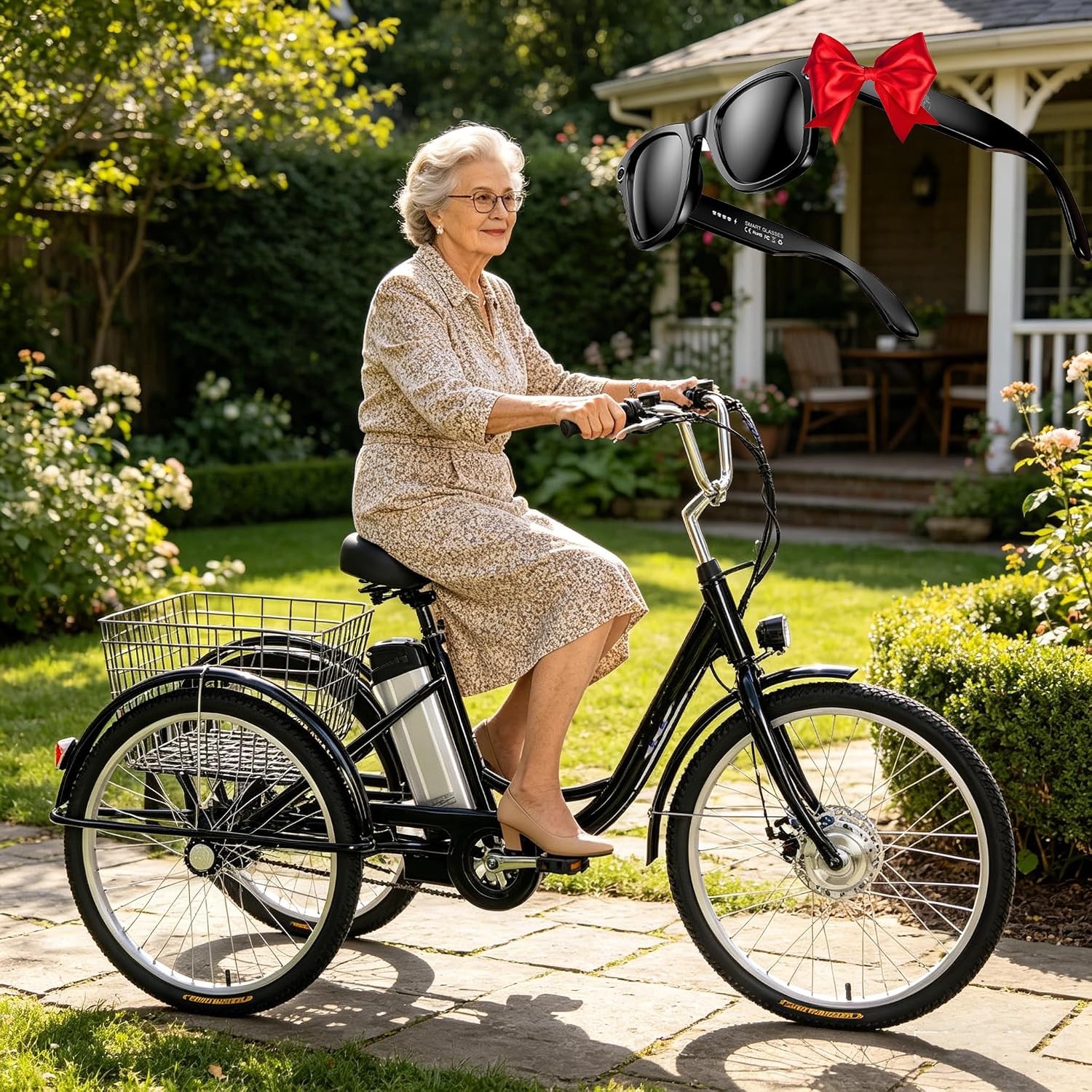 24 Inch Electric Tricycle with Three Wheels for Adults, Three Wheel Cruiser Bike, Load Capacity 150 Kg, Adjustable Height with Shopping Trolley Black