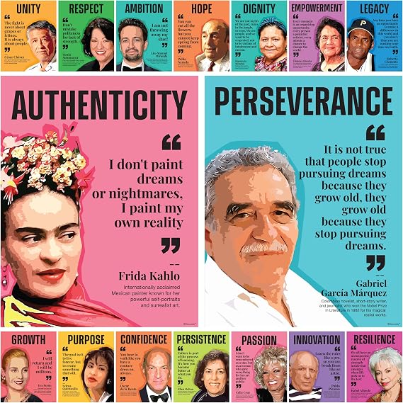 Decorably 16 Hispanic Heritage Month Decorations for School, 11x14in | Educational Matte-Laminated Hispanic Heritage Month Posters for Elementary, Hallways, Bulletin Boards, Study Corner