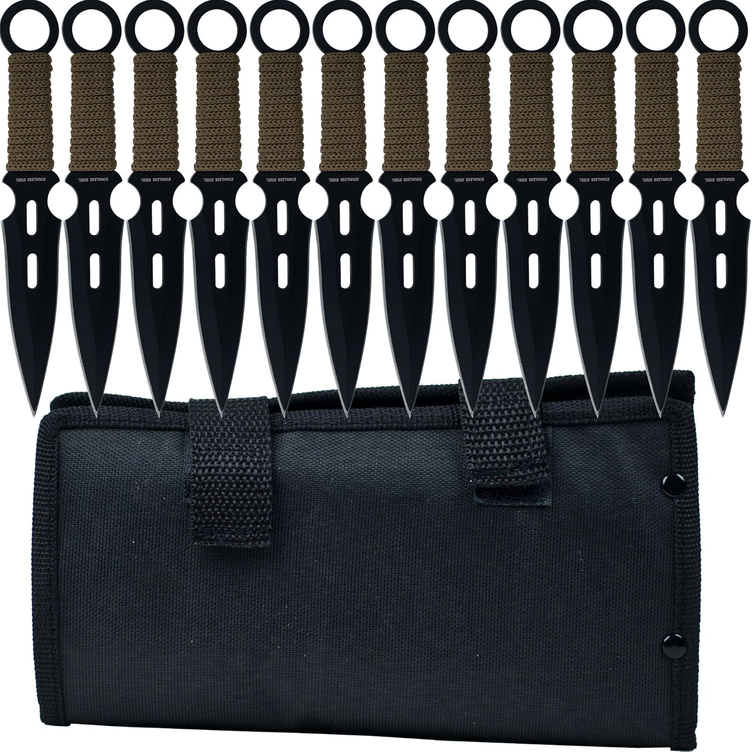 12-Piece Kunai Throwing Knife Set - Stainless-Steel Knives with Green Cord-Wrapped Handles and Nylon Carrying Case by Whetstone Black