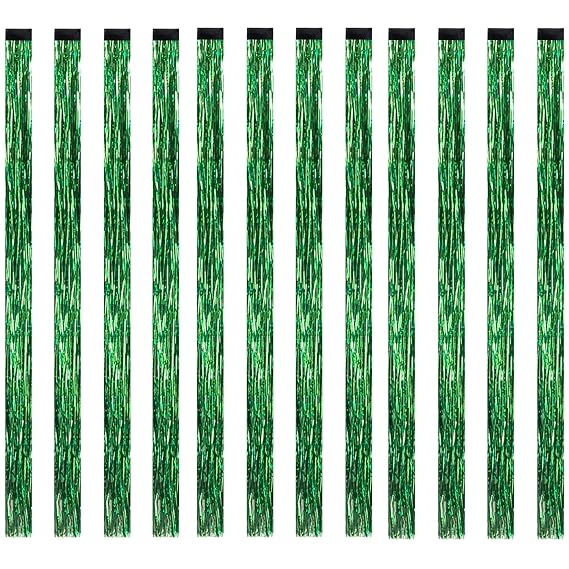 12PCS Tinsel Hair Extensions Glitter Hair Extension Clip in Gold Sparkling Fairy Hair Tinsel Kit Shiny Highlights Colorful Heat Resistant Hair Accessories for Girls New Year Party(Green)