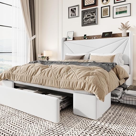SHA CERLIN Queen Bed Frame, Storage Headboard with Drawers, Charging, White