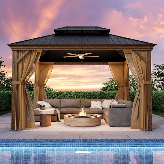 COSIEST 10X12 FT Hardtop Gazebo Rustproof Double Roof Metal Gazebo with Woodgrain Steel Columns & Netting Curtains Poolside,Deck,BBQ Area (Wooden Look)