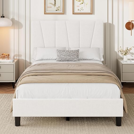 Twin Size Bed Frame with Headboard Adjustable, LinenUpholstered Twin Platform Bed with Headboard, Mattress Foundation with Wooden Slats, No Box Spring Needed, Easy Assembly, Beige/Cream