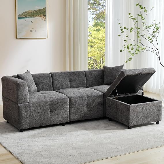 Jtyca 3 Seater Sofas & Couches, Corner Sofa with Removable Storage Ottoman, L Shaped Sofa with 2 Pillows, 80 Inch Linen Fabric Modular Sofa Couch for Home Apartment Office Living Room (Grey, 80 Inch)