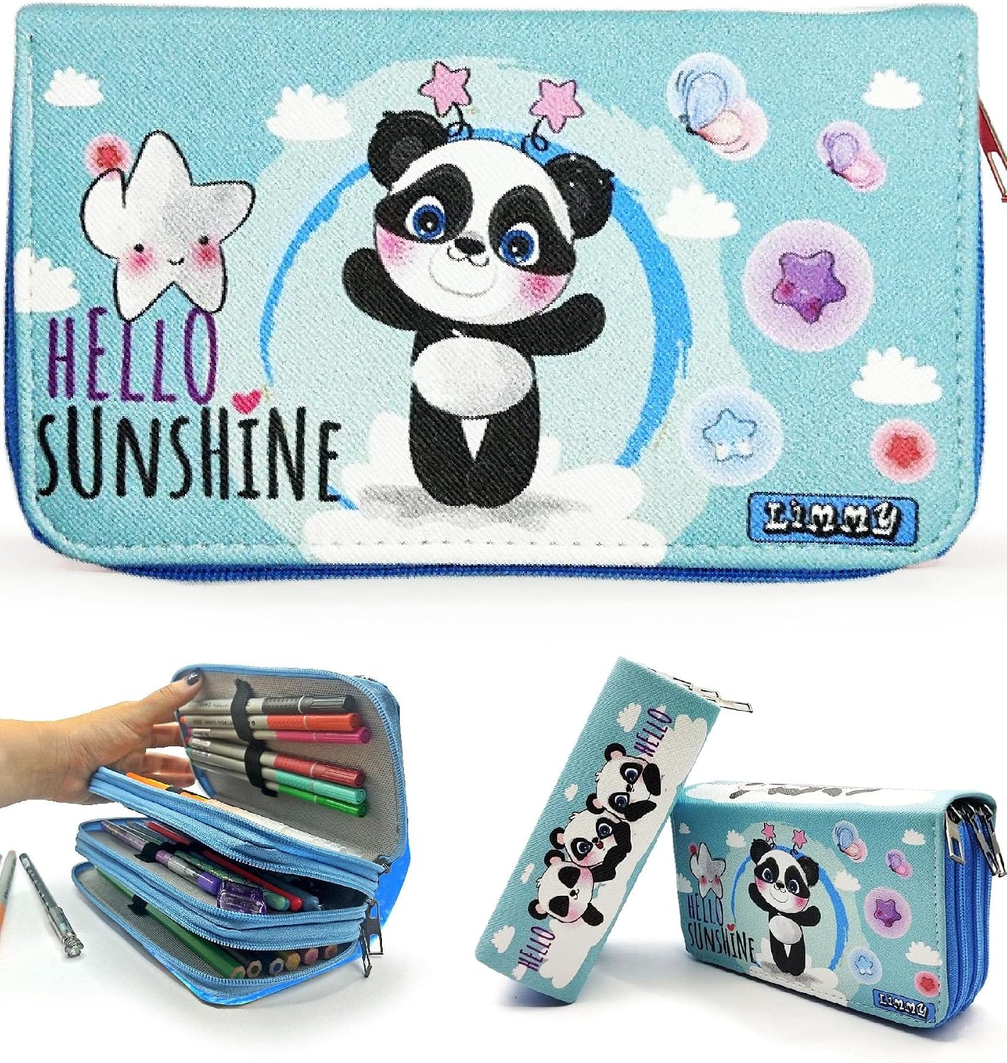 Limmy Pencil Case Panda Kawai Organizer Pencil Case Vegan Leather Three Compartment Pen Holder-Blue