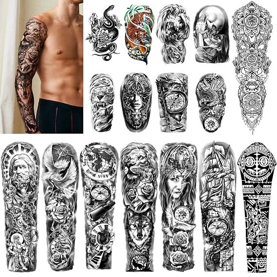 Waterproof Full Arm Temporary Tattoos 8 Sheets and Half Arm Shoulder Tattoo 8 Sheets, Extra Large LastingTattoo Stickers for Men and Women (22.83"X7.1")