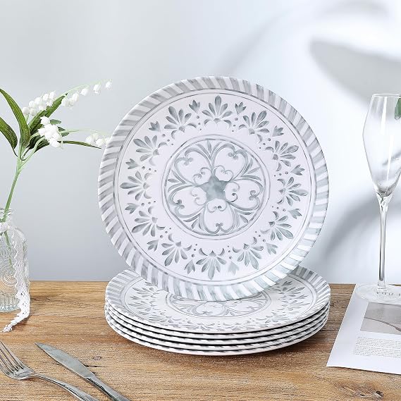 Melamine Dinner Plates,10.75 Inch 6pcs Melamine Plates White&Grey