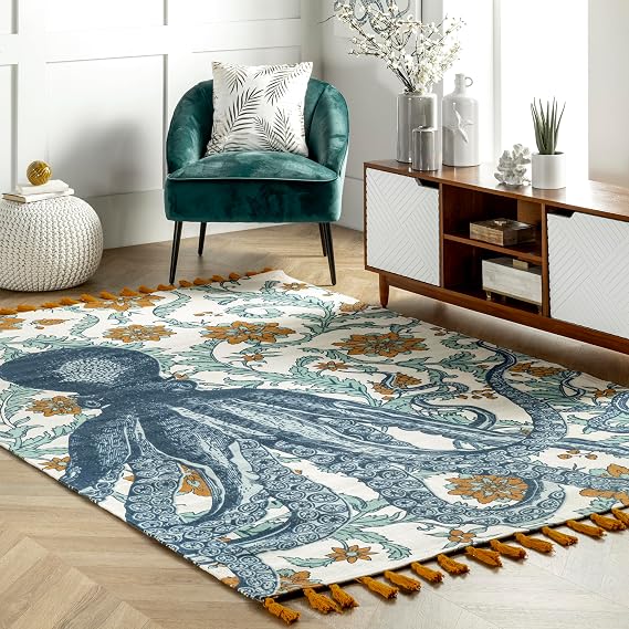 nuLOOM Octopus Blue Multicolor Graphic Flatweave Area Rug, 3' x 5'