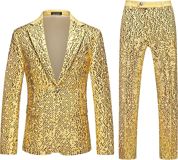 Men's Shiny Sequins Suit 2 Piece Set - Glitter Sparkle One Button Tuxedo Blazer & Pants for Wedding, Party, Prom